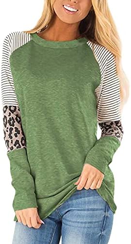 Camisas de manga comprida para mulheres, outono feminino e inverno com estampa de leopardo listrado no pescoço redondo de manga longa top