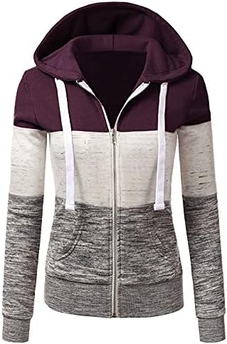 Bloco de cores feminino Sorto de mangas compridas Zipper com capuz da blusa moderna Cardigan Snap Front Front Fleece