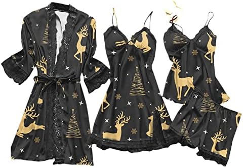 Mulheres 4 peças lingerie pijamas de natal manto de seda quimise renda vestido deslizamento de pelúcia para babydoll