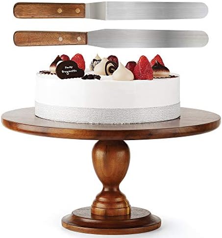 Rabaha Acacia Wood Bolo Stand Rustic - 13 polegadas de bolo de madeira com 2 espátulas de gelo - Pedestal de bolo de casamento e aniversário - natural ideal para uso em festas, casamentos, restaurantes