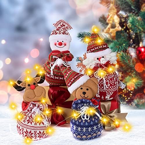 Sacos de boneca de 4 PCs, sacos de cordão com luzes de corda LED, sacos para crianças com Papai Noel, boneco de neve, alce