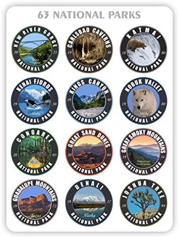 Coleção1.5 x 1,5 adesivos Conjunto 63 Parques nacionais EUA Coleção completa adesivos redondos de cores Mapas de vinil dos parques nacionais dos EUA.