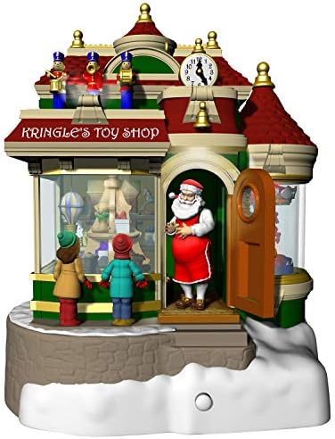 Ornamento de Natal da Hallmark Keetake 2019 do ano datado de Kringle's Toy Shop com luz, som e movimento