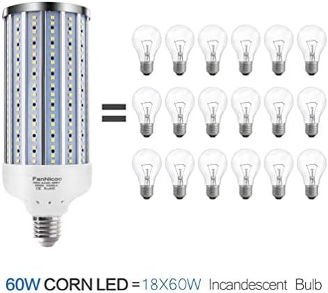 Fannicoo 60W Lâmpada LED 500W LED LED LUZ LUZ LUZ 5500LUMEN 6500K E26/E27 Bulbo de milho grande Área grande Luz do