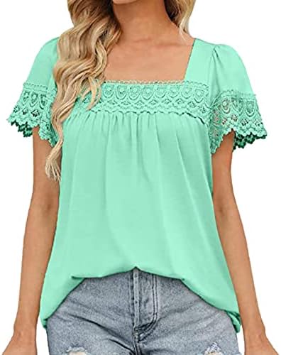 Camisetas de manga longa feminina T Summer Women Blouse Blouse Lace Splicing Squirs Square Neck Camisetas para mulheres listradas femininas