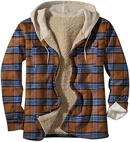 Jaqueta de capuz de flanela masculina outono e inverno de manga longa botão para cima de bolso xadrez com capuz de camisa solta camada