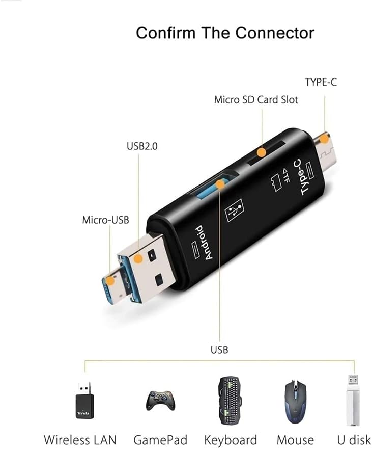 Volt+ 5 em 1 Cartão multifuncional Leitor compatível com Xiaomi Redmi 10x tem USB tipo C/ MicroSB/ TF/ USB 2.0/ SD Reader