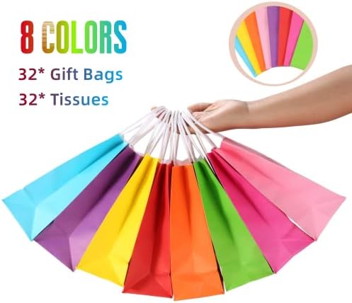 MUKOSEL 32 Sacos de presente de embalagem com 32 tecidos, 8 cores Rainbow Party Paper Sacols com alças, perfeitas para aniversário,