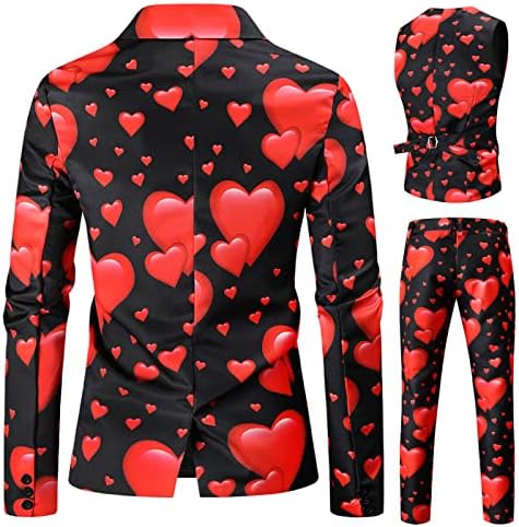 Ternos de 3 peças do Dia dos Namorados para homens, Love Heart Printed Tuxedo Blazer Caleat Calça calças de ternos de festa
