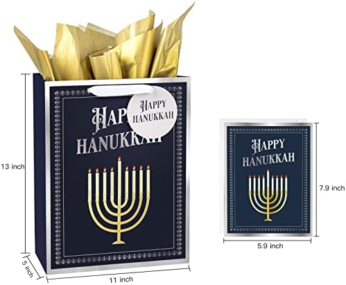 Maypluss 13 Bolsa de presente grande com cartão de felicitações e papel de seda para Hanukkah - com design de folha de prata