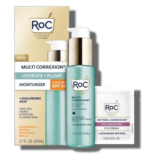 ROC Multi Correxion 1,5% de ácido hialurônico puro Anti envelhecimento Diário hidratante Face com amplo espectro protetor solar SPF 30 + Packette de creme para os olhos, cuidados com a pele sem parabenos para mulheres e homens