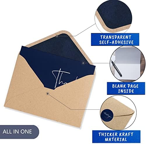 Cartões de agradecimento da Marinha 100 em massa com envelopes e adesivos de Kraft - 4 designs minimalistas em branco