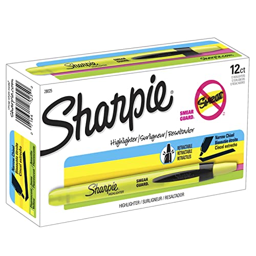 Highlighters retráteis Sharpie, ponta do cinzel, amarelo fluorescente, 12 contagem e marcadores permanentes retráteis, ponto