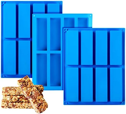 Sidosir 3pcs Granola Bar Mold Silicone Mold, moldes de retângulo de 8 cavidades para barra de energia, moldes de assadeira de silicone