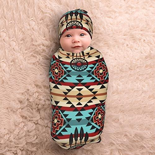 Nativo do sudoeste Aztec Navajo Recém-nascido Swaddle Blanket Feanie Hats Desenhas másticas para o Sack Sack de Garoto de Presente de Presente de Presente para Presente para Garoto para Baby Garoto e Menina 0-6 meses