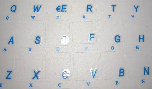 Rótulo transparente tradicional português on-line para teclado de computador com letras azuis