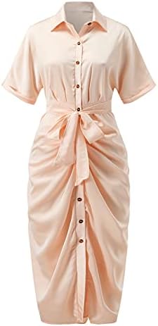 Mulheres de botão para baixo vestido de camisa de cor sólida manga curta Slim Fit Midi Long Dress com vestidos de cinto