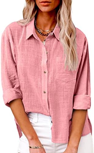Camiseta casual de tamanho grande para mulheres túnicas de botão de gola virada para baixo blusa de mangas sólidas com bolso