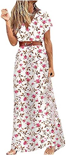 Vestidos de praia casual de verão dgoopd para mulheres na moda boho floral enrolar V vestido maxi de manga curta com cinto