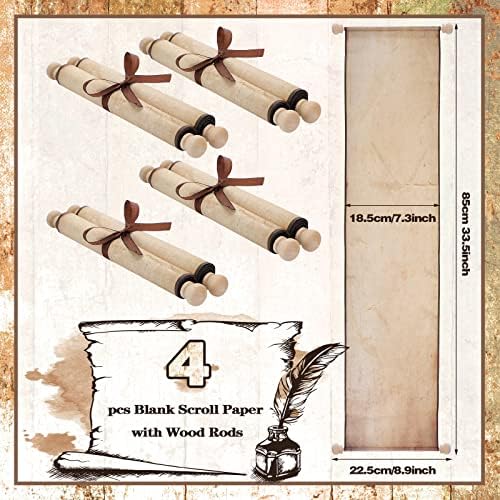 Rolagem de papel em branco de 4 pedaços 7,3 x 33,5 polegadas papel de rolagem vintage com eixos de madeira embrulhados