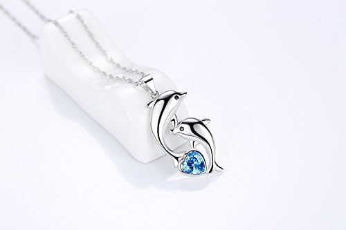 Colar de golfinho 925 jóias de golfinhos de prata esterlina com cristais de coração azul Circle Pingente Colar Dolphin