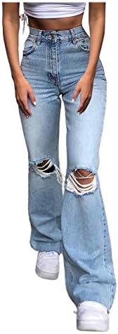 Calça feminina buraco de jeans de jeans elásticos de bolso jeans jeans altos com bolsos esticados de jeans femininos folgados