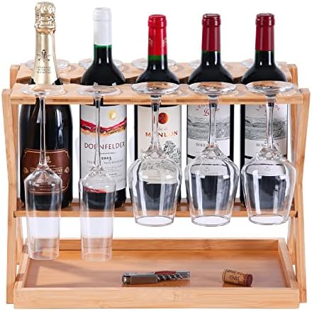 Ollieroo Banchartop Wine Rack com porta de vidro, mesa de vinho pequena de mesa de mesa com bandeja de cortiça, segure 5 garrafas de vinho 10 copos, suporte de garrafa sem oscilações de bambu para armários de balcão de barra de cozinha para cozinha