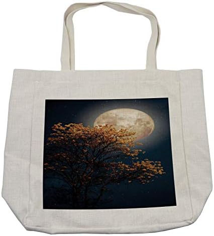 Bolsa de compras de Ambesonne Moon, árvore retrô com elementos de flores amarelas florescentes da Via Láctea Galaxia, bolsa reutilizável