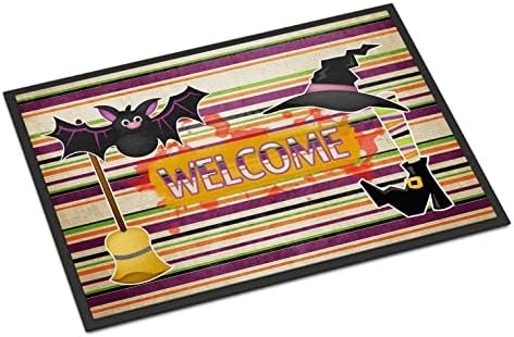 Tesouros de Caroline Traje de bruxa e vassoura em listras Halloween 18x27 capacho, 18 x 27, multicolor