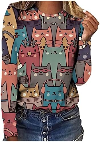 Pullover de gato feminino Pullover impresso Crew Girls Crew pescoço de mangas compridas tshirts moda tops casuais camisetas