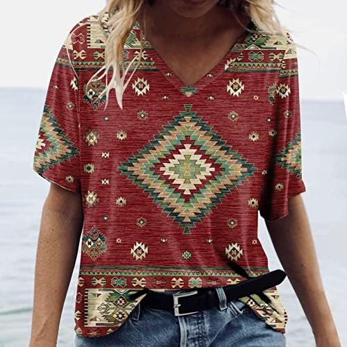 Tampas geométricas geométricas astecas femininas Summer V camiseta de pescoço Retro Manga curta Blouses de túnica superior
