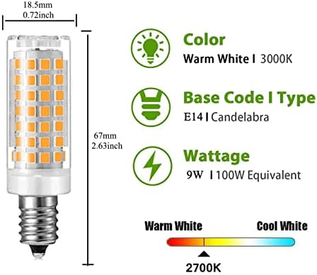 9W E14 lâmpadas de milho LED lâmpadas de 3000k de 3000k de 3000k, quentes, equivalente a halogênio, base E14, 900lm, 110V, diminuído para iluminação doméstica, pacote de 6