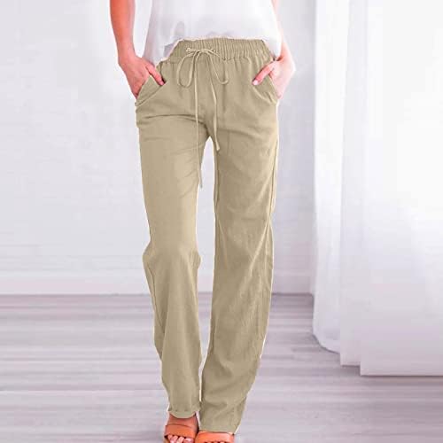 Calças de linho de algodão calças casuais de verão com bolsos soltos de cordão solto de cintura alta de cintura alta confortável