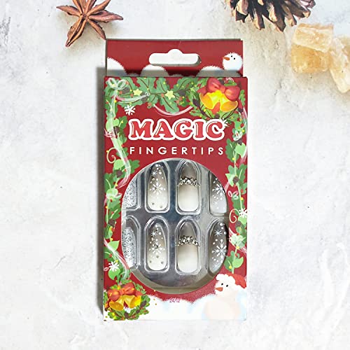 Imprensa de Natal em unhas unhas falsas médias com desenhos de floco de neve branco, prenda cinza nas unhas ALMOND Christmas acrílico