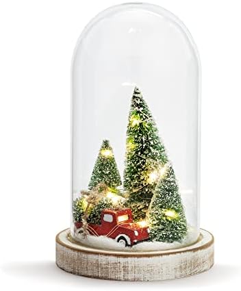 Demdaco LED Red Truck 9,5 x 6,25 polegadas de madeira e vidro estatueta de natal cloche