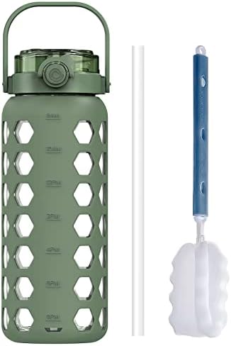 Mukoko 56 onças de vidro garrafas de água com palha e tampa, jarro de água motivacional com lembrete de marcadores de tempo