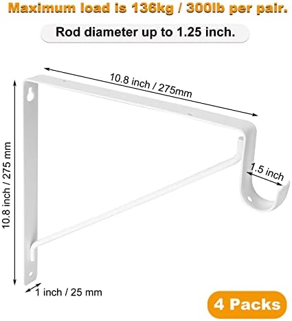 Pacote de 4 pacote para colchetes de armário pesado de armário 10,8 x 10,8 x 1 polegada, armário de armário branco ganchos de prateleira