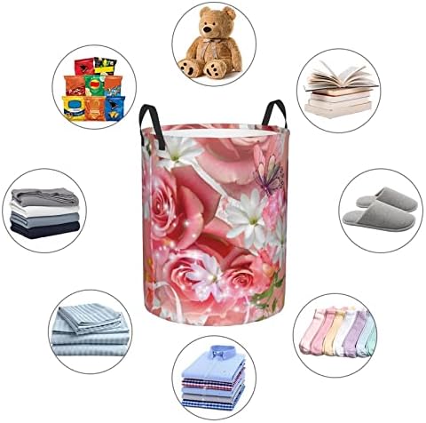 Rosas rosa e impressão de borboletas grandes cestas de lavanderia com alça de alça, à prova de água, cesto de roupa para o quarto, o banheiro médio
