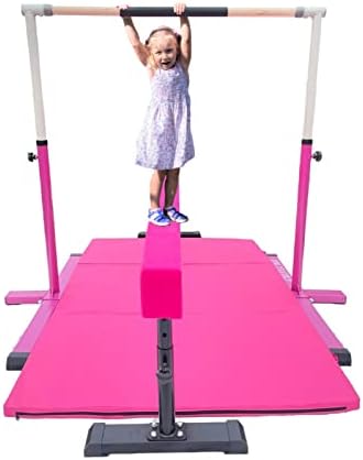 PROGYMNÁSTICA DE 5 FT BARMA HORIZONTAL MAR Ginástica Ajustável Barra de Kip 3 em 1 conjunto com tapete de 6'x4 'ft-dobradas e tubo de exercício ajustável de 8 pés com pernas para crianças/adultos ginástica treinamento júnior rosa rosa rosa rosa rosa rosa rosa