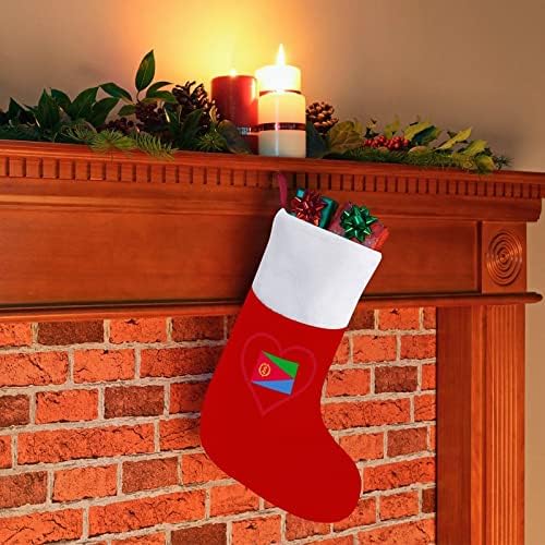 Eu amo Eritreia Red Heart Christmas meias de veludo vermelho com bolsa de doces branca decorações de natal e acessório de festa