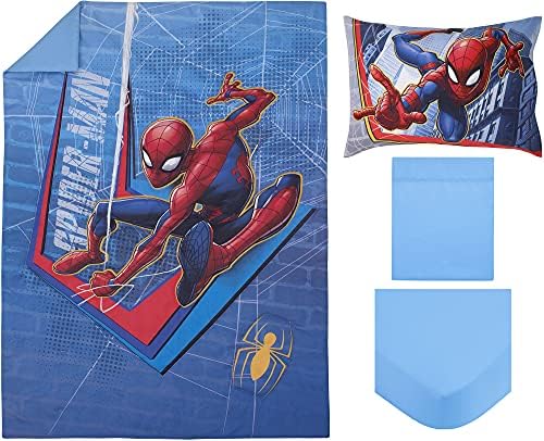 Crown Crafts Produtos infantis Marvel Spiderman 4 peças Conjunto de roupas de cama