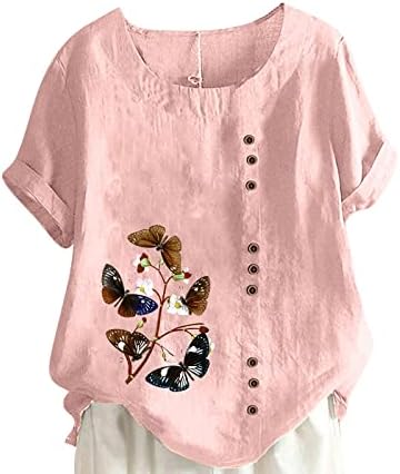 Tampas de linho de algodão de tamanho grande para mulheres moda floral camisetas de verão de pescoço redondo solto botão de manga curta Tshirts Blouse