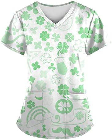 Dia de São Patrício 2023 Moda de Enfermagem Mulher Uniforme Impressão ao ar livre de manga curta Tampas de blusa de bolso que trabalham em V
