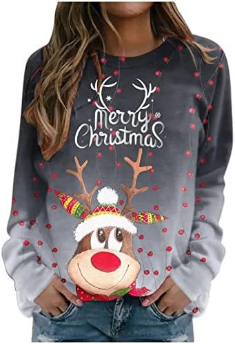 Feliz Natal Swetons para Mulheres Cute Elk Imprimir Manga Longa Longo Casual Casual Casual Crepol Blouse camiseta camiseta