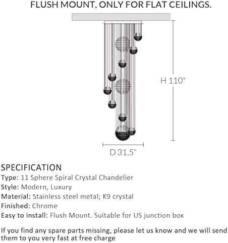 Lustre de cristal do lustre de cristal Siljoy High Modern 11 Sphere Spiral K9 Chainistas de Correia de Raios 13 luzes Light Light