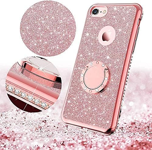 AMFC iPhone 6/6s Caso fofo glitter glitter luxunhão bling diamante shinestone pára -choque com anel kickstand protetor fino feminino iphone 6/6s para mulheres menina - rosa rosa rosa