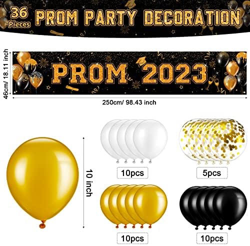 36 PCS Decorações de banner de bandeira de formatura para a festa 2023, PROM 2023 Parabéns Decorações de pós -graduação, preto e dourado Prom Glitter Balloons Banner Decor Decor