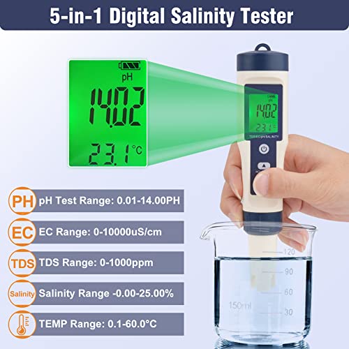 Testador de salinidade digital Chaoos, 5 em 1 TDS/pH/EC/Temp e Salinidade Testador de Salinidade Medidor de água salgada