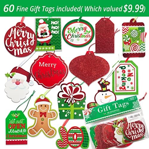 24 sacolas de presente de natal tamanhos variados com tags de presente de Natal de 60 contagens （Conjunto a granel,