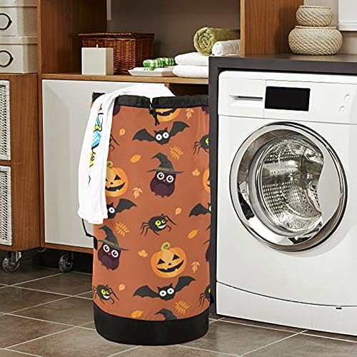 Pumkin corvo aranha happy halloween saco de lavanderia mochila de lavanderia pesada com alças de ombro alças de viagem sacar de roupa de tração de tração de tração de tração de trajes de trajes de roupas sujas para apartamento em casa viagens na faculdade